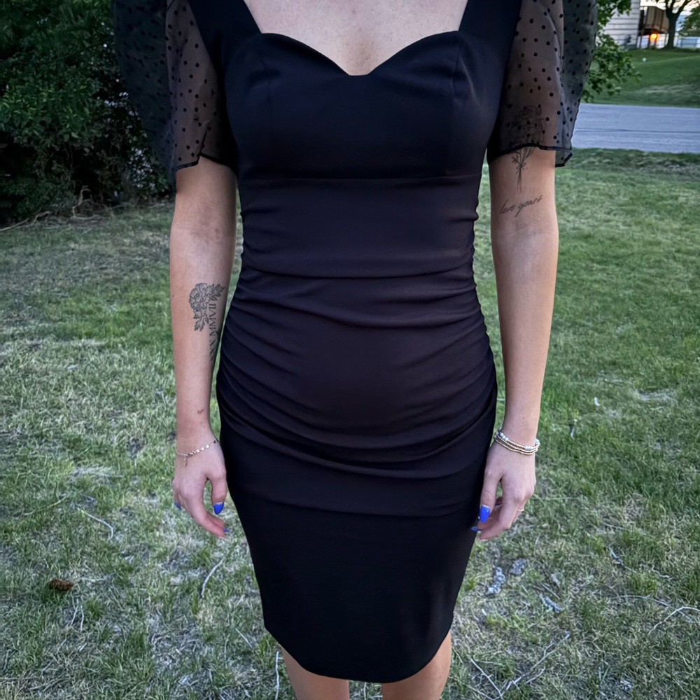 David’s Bridal Black Ruched Sheath Dress with Puff Dot Mesh Sleeves